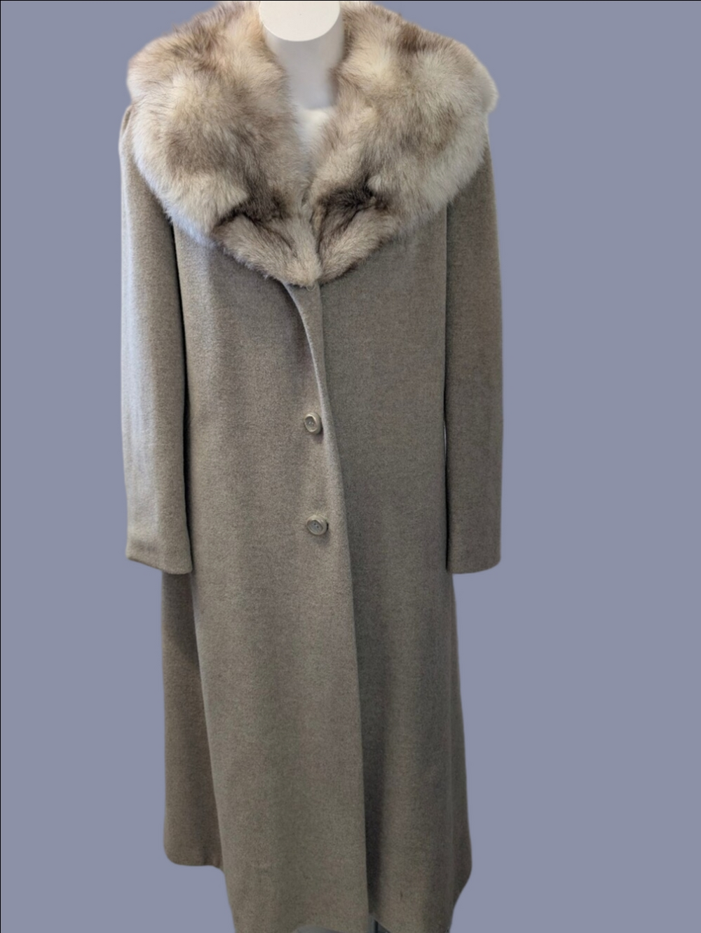 Vintage Fox Fur Wool Coat Lined- Taupe Color  Maxi Length SzL